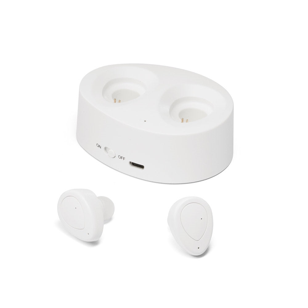 CHARGAFF promotional headphones in white (detail view) with custom logo branding