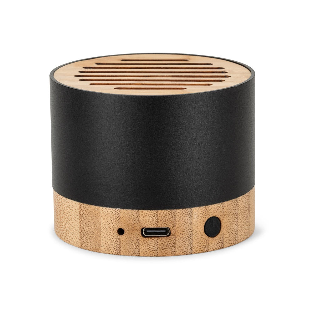 FERDINAND promotional speaker in black (detail view) with custom logo branding
