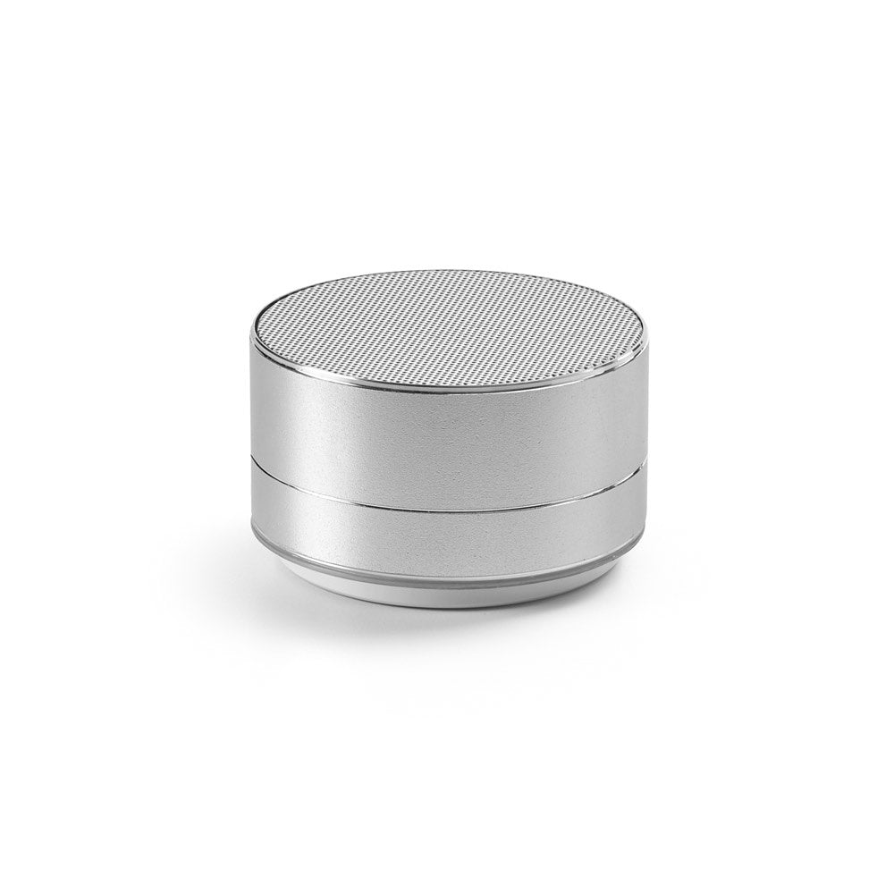 FLOREY promotional speaker in satin silver with custom logo branding