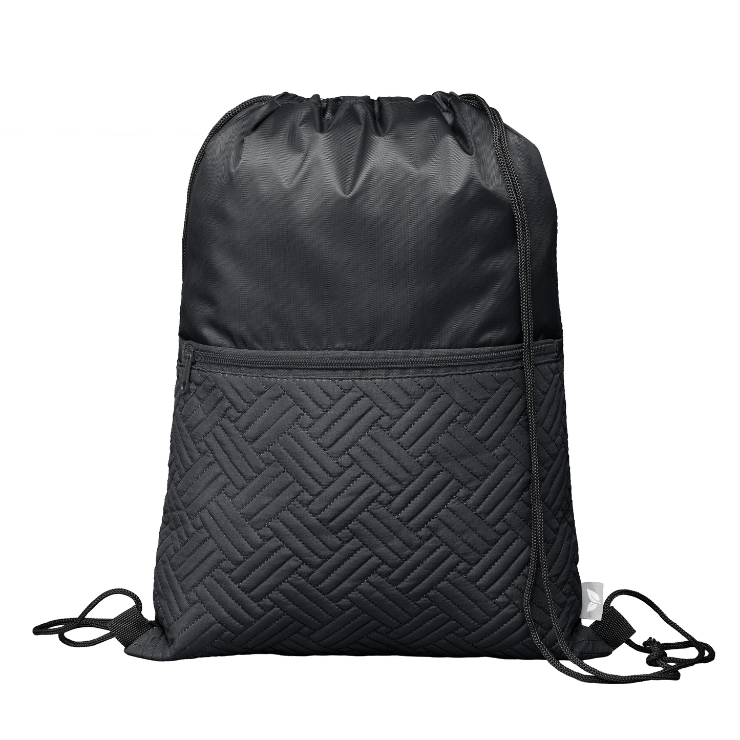 Sora Recycled Quilted Drawstring Bag promotional drawstring bag in black printed with your company logo