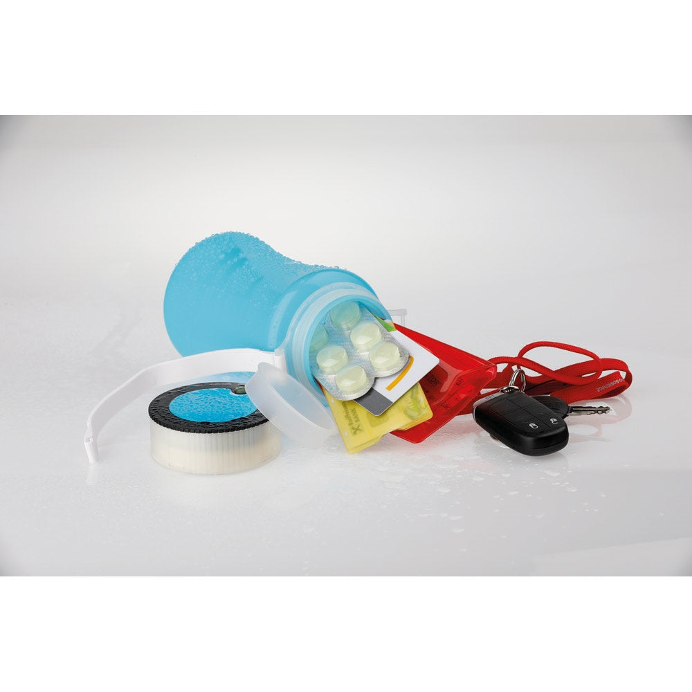 Waterproof container promotional personal care item in light blue (detail view) with custom logo branding