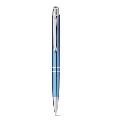 Ball pen in aluminium promotional pen in light blue (detail view) with custom logo branding