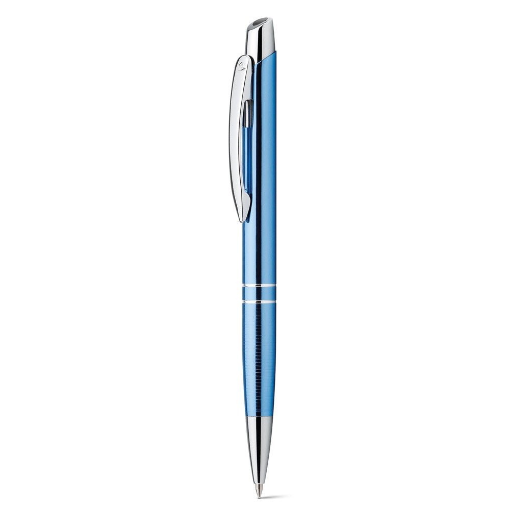 Ball pen in aluminium promotional pen in light blue (detail view) with custom logo branding