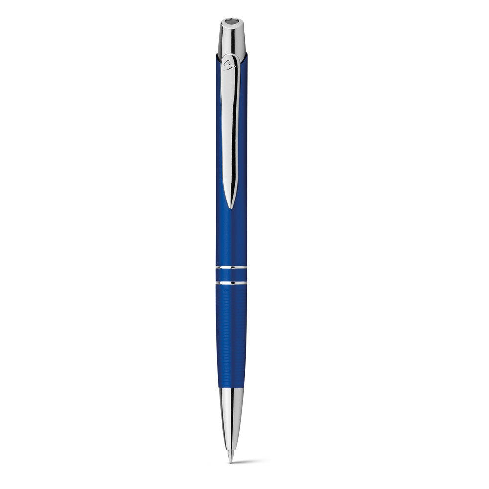 Ball pen in aluminium promotional pen in blue (detail view) with custom logo branding