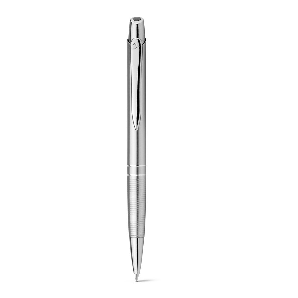 Ball pen in aluminium promotional pen in satin silver (detail view) with custom logo branding