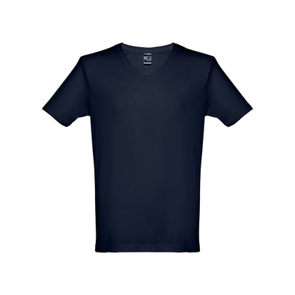 THC ATHENS II promotional t-shirt in navy blue (detail view) with custom logo branding