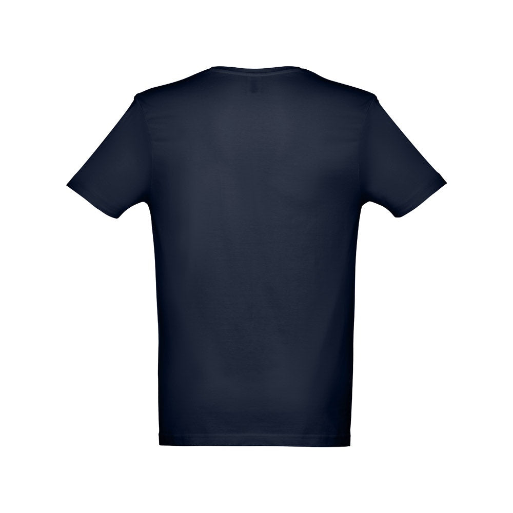 THC ATHENS II promotional t-shirt in navy blue (detail view) with custom logo branding