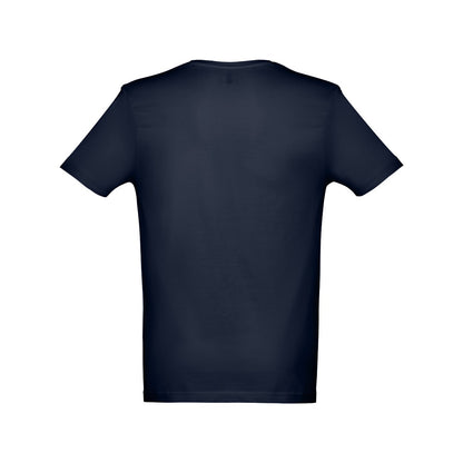 THC ATHENS II promotional t-shirt in navy blue (detail view) with custom logo branding