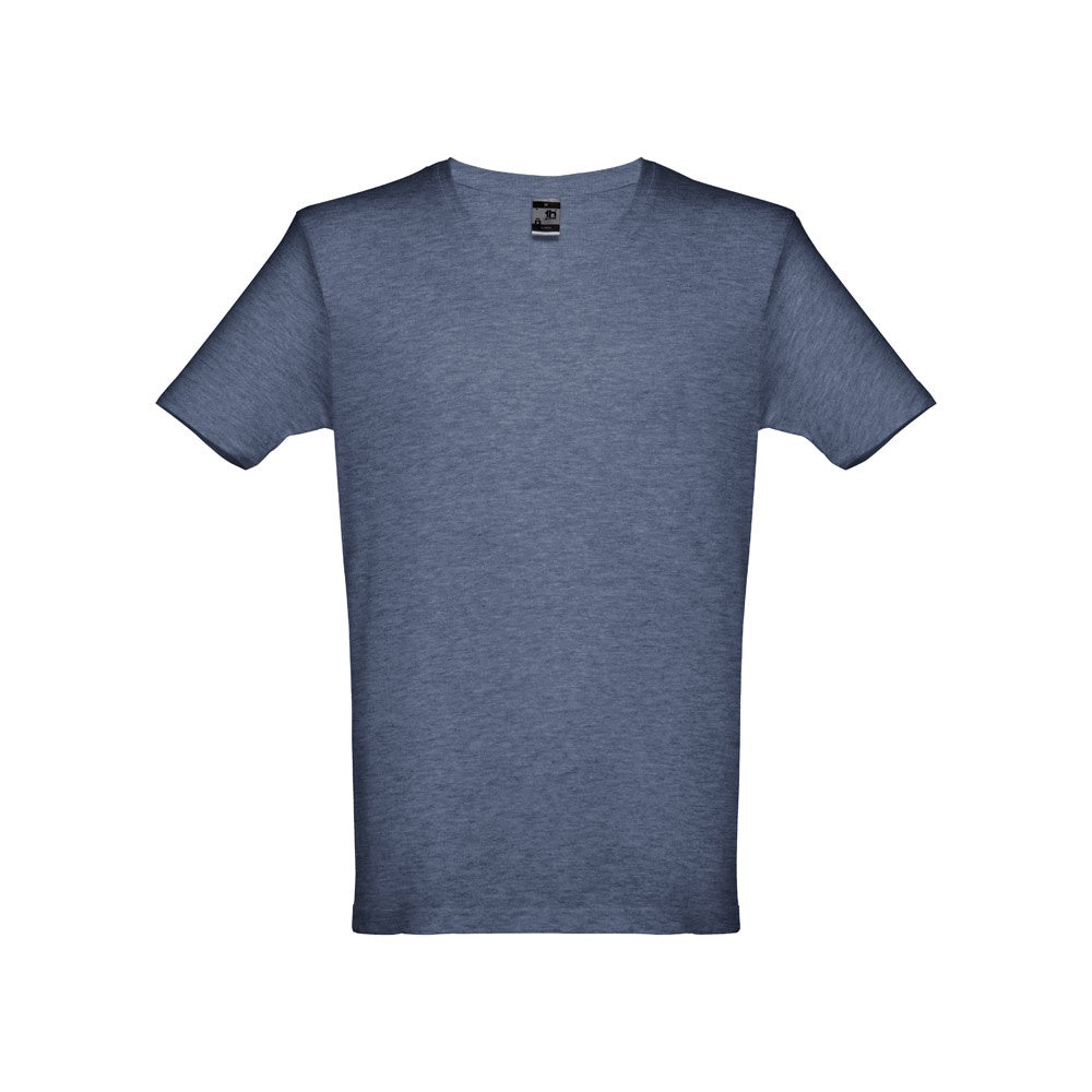 THC ATHENS II promotional t-shirt in heather blue (detail view) with custom logo branding