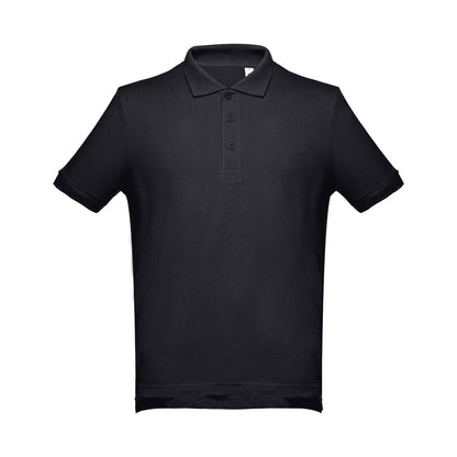 THC ADAM II promotional polo shirt in black (detail view) with custom logo branding