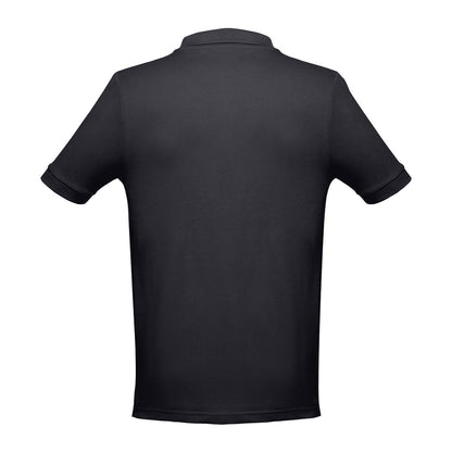 THC ADAM II promotional polo shirt in black (detail view) with custom logo branding