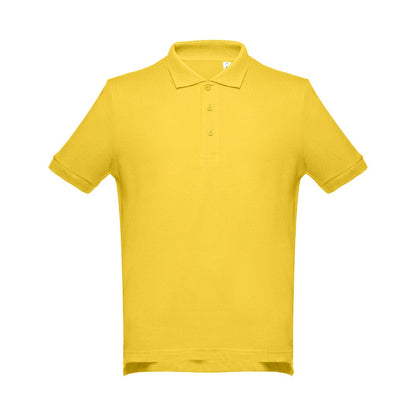 THC ADAM II promotional polo shirt in yellow (detail view) with custom logo branding