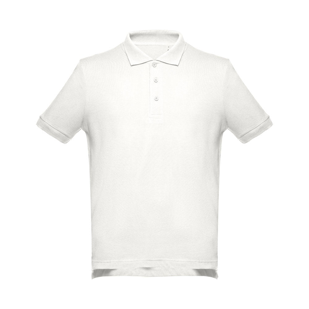 THC ADAM II promotional polo shirt in pastel white (detail view) with custom logo branding