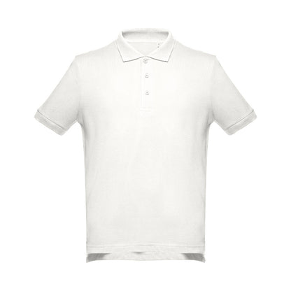 THC ADAM II promotional polo shirt in pastel white (detail view) with custom logo branding