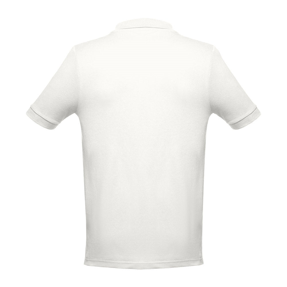THC ADAM II promotional polo shirt in pastel white (detail view) with custom logo branding