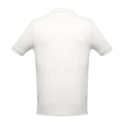THC ADAM II promotional polo shirt in pastel white (detail view) with custom logo branding