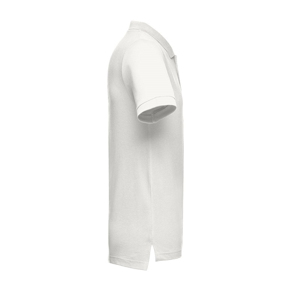 THC ADAM II promotional polo shirt in pastel white (detail view) with custom logo branding