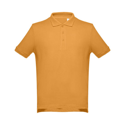 THC ADAM II promotional polo shirt in dark yellow (detail view) with custom logo branding
