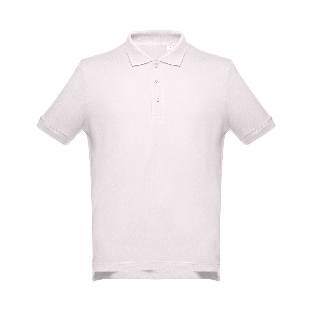 THC ADAM II promotional polo shirt in pastel pink (detail view) with custom logo branding