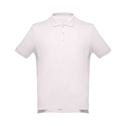 THC ADAM II promotional polo shirt in pastel pink (detail view) with custom logo branding