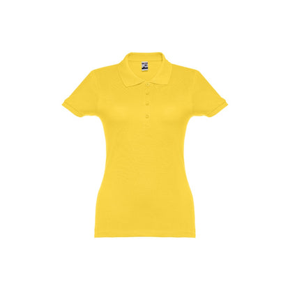 THC EVE II promotional polo shirt in yellow (detail view) with custom logo branding