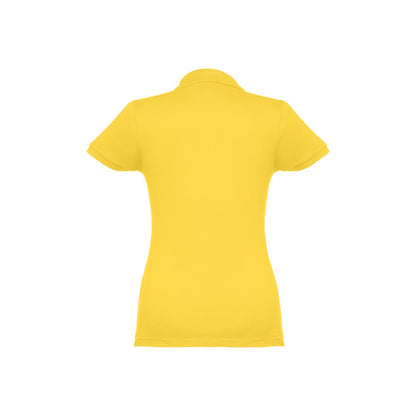 THC EVE II promotional polo shirt in yellow (detail view) with custom logo branding