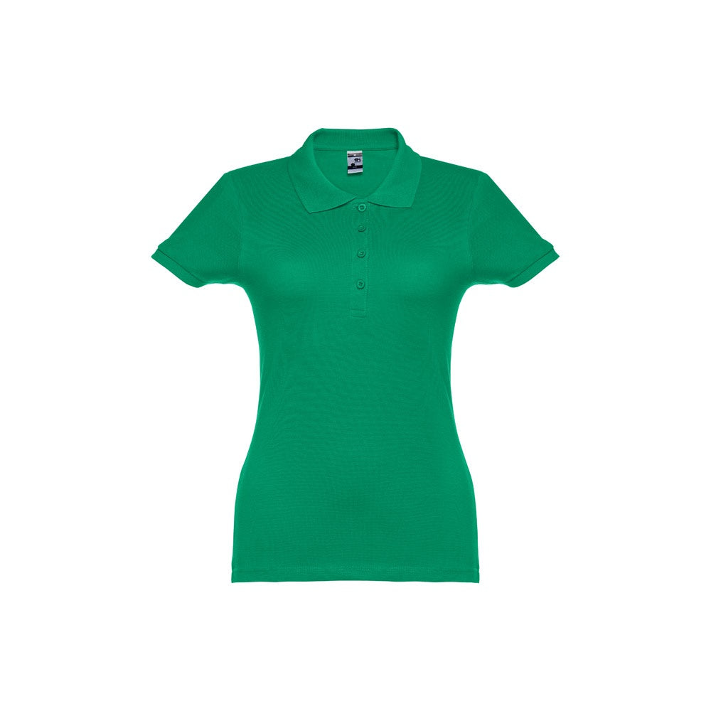 THC EVE II promotional polo shirt in green (detail view) with custom logo branding
