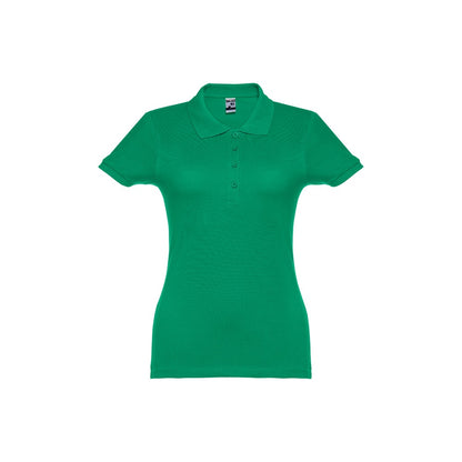 THC EVE II promotional polo shirt in green (detail view) with custom logo branding