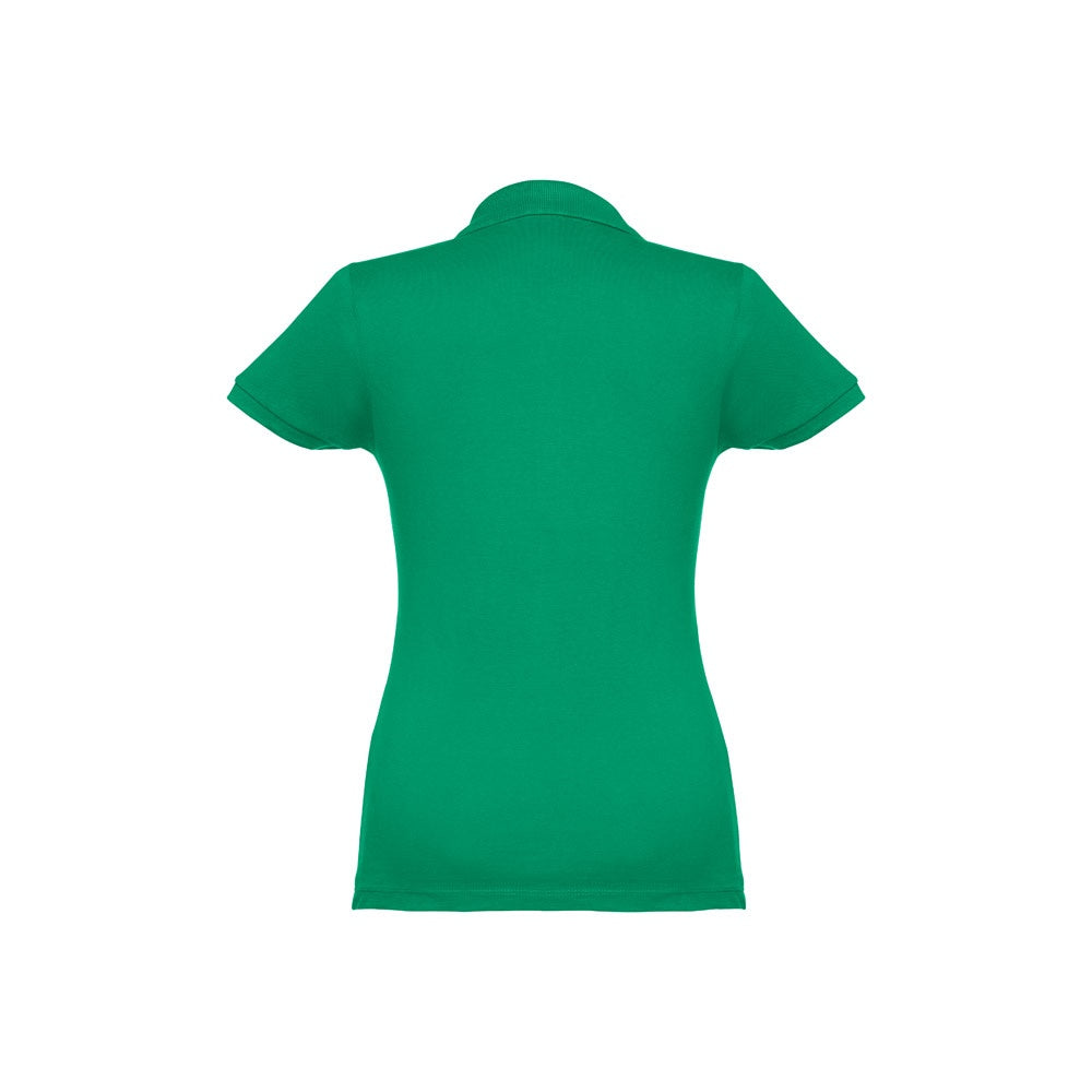 THC EVE II promotional polo shirt in green (detail view) with custom logo branding