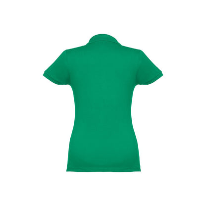 THC EVE II promotional polo shirt in green (detail view) with custom logo branding