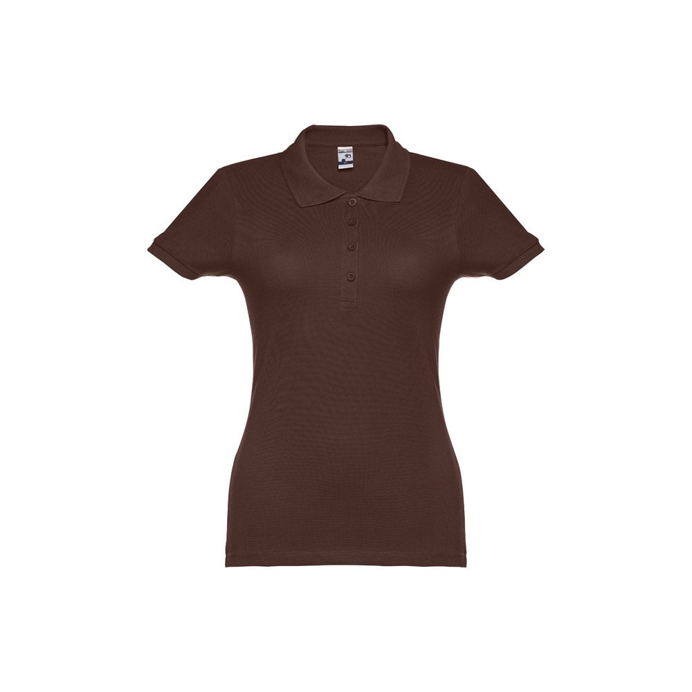 THC EVE II promotional polo shirt in dark brown (detail view) with custom logo branding