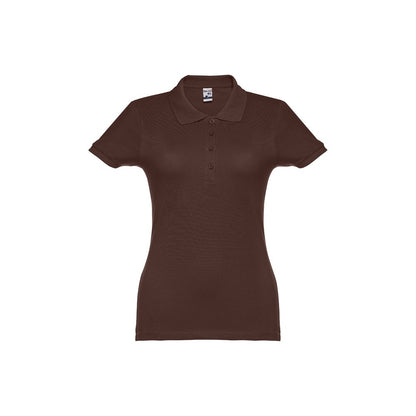 THC EVE II promotional polo shirt in dark brown (detail view) with custom logo branding