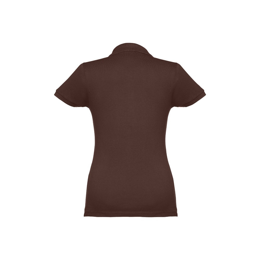 THC EVE II promotional polo shirt in dark brown (detail view) with custom logo branding