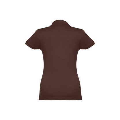 THC EVE II promotional polo shirt in dark brown (detail view) with custom logo branding