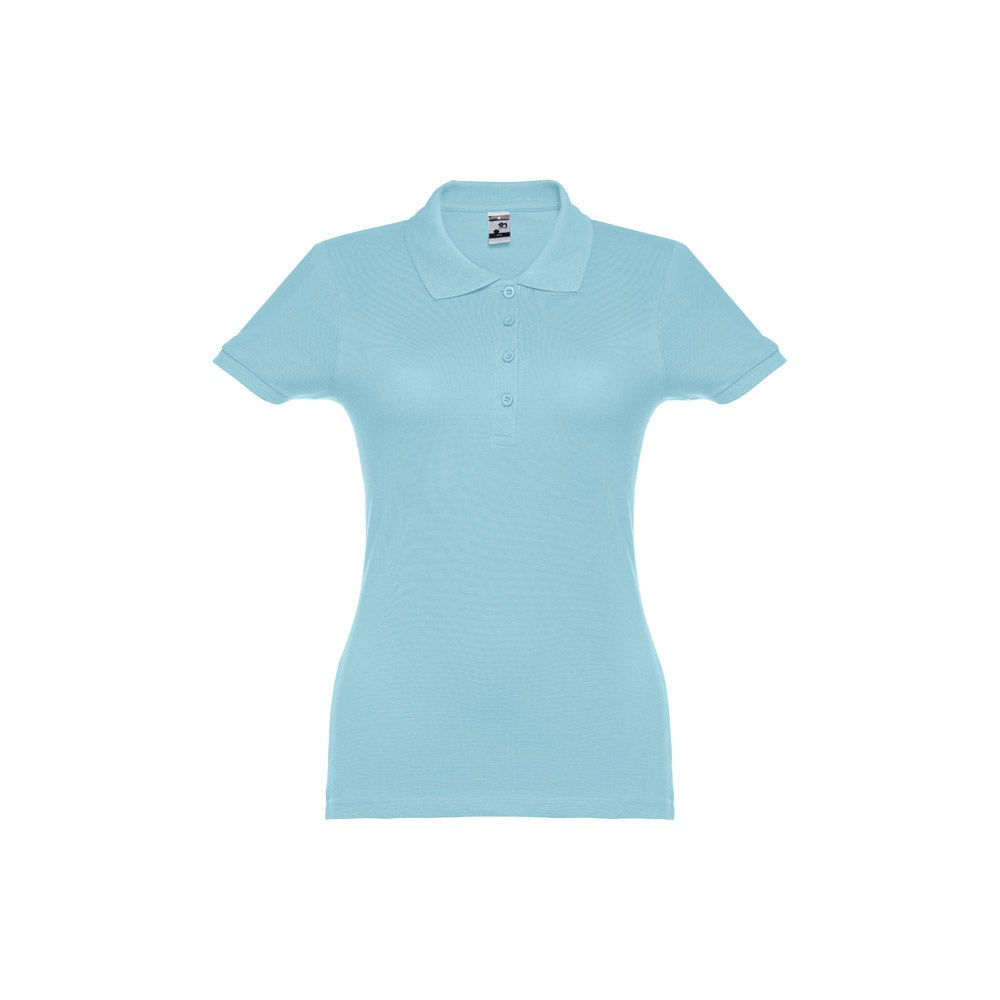 THC EVE II promotional polo shirt in light blue (detail view) with custom logo branding