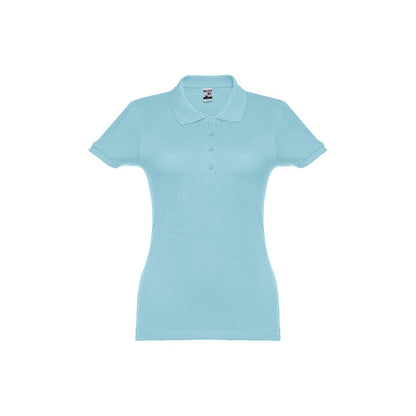 THC EVE II promotional polo shirt in light blue (detail view) with custom logo branding