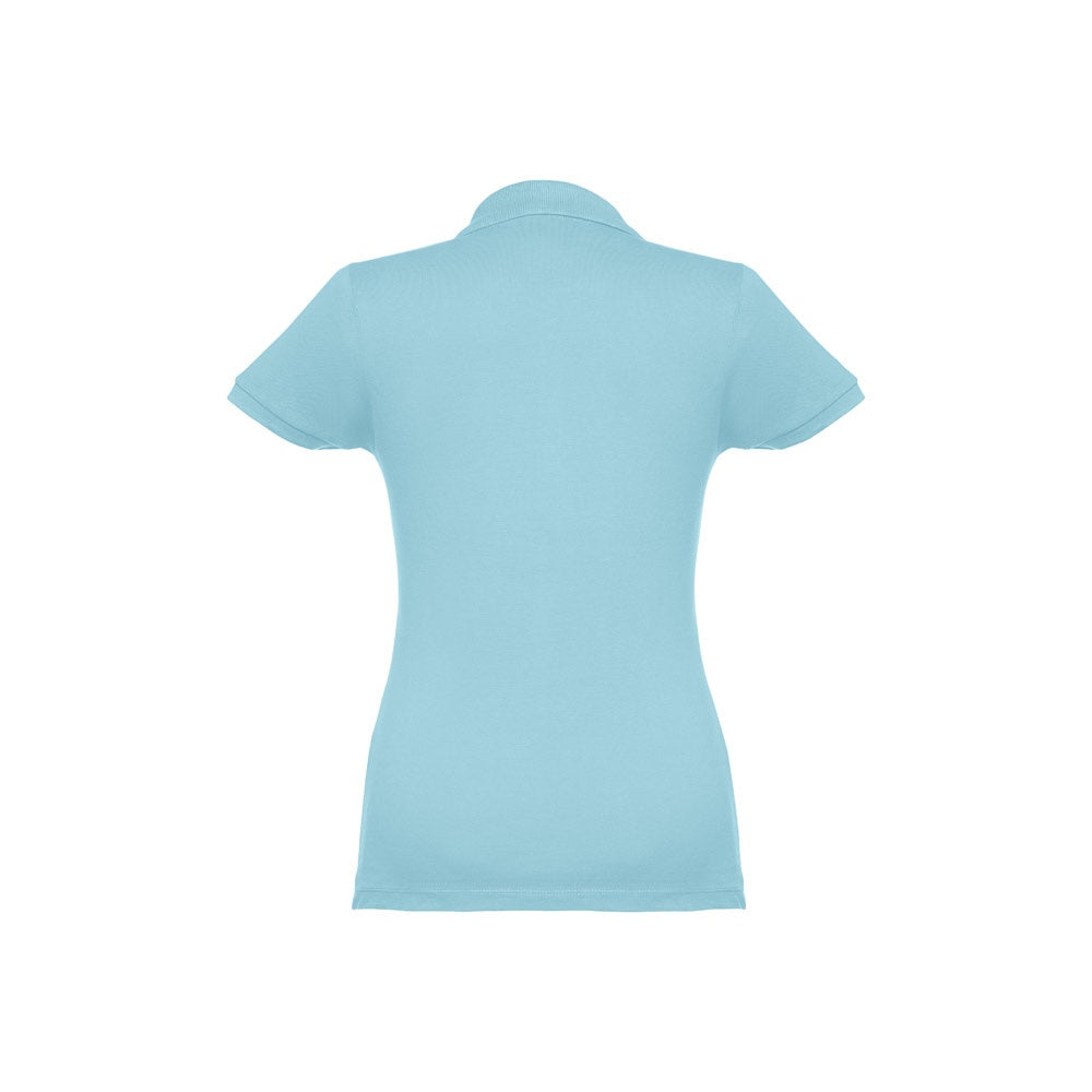 THC EVE II promotional polo shirt in light blue (detail view) with custom logo branding