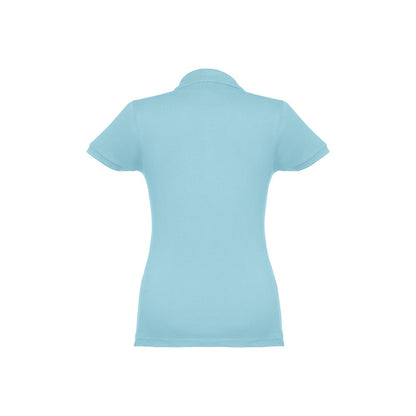 THC EVE II promotional polo shirt in light blue (detail view) with custom logo branding
