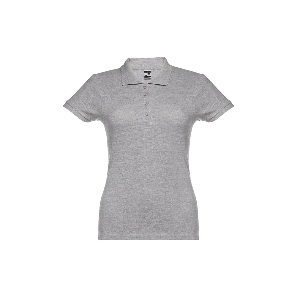 THC EVE II promotional polo shirt in heather light grey (detail view) with custom logo branding