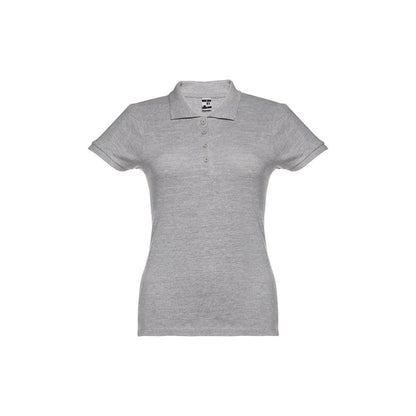 THC EVE II promotional polo shirt in heather light grey (detail view) with custom logo branding