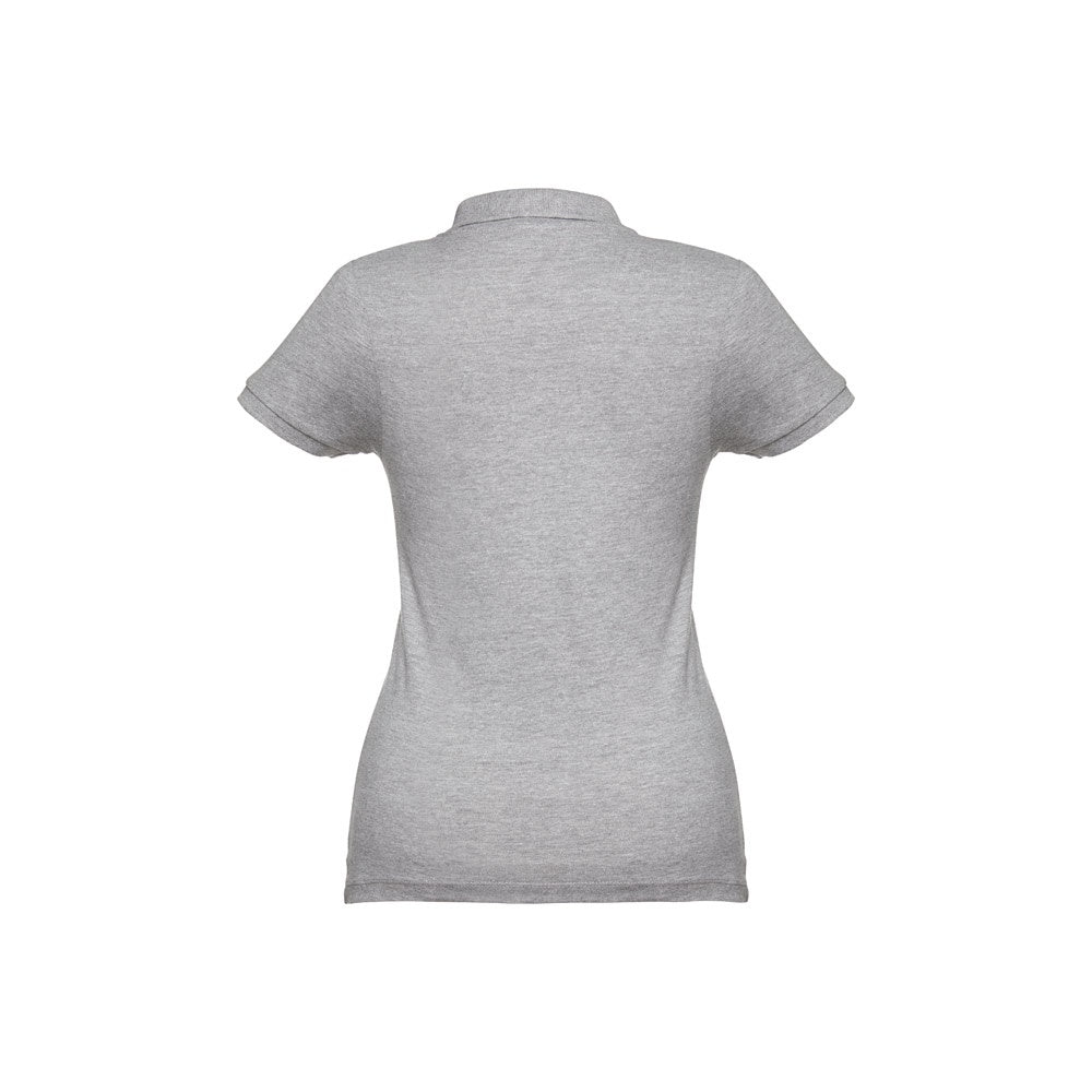 THC EVE II promotional polo shirt in heather light grey (detail view) with custom logo branding