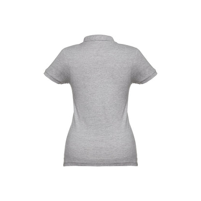 THC EVE II promotional polo shirt in heather light grey (detail view) with custom logo branding