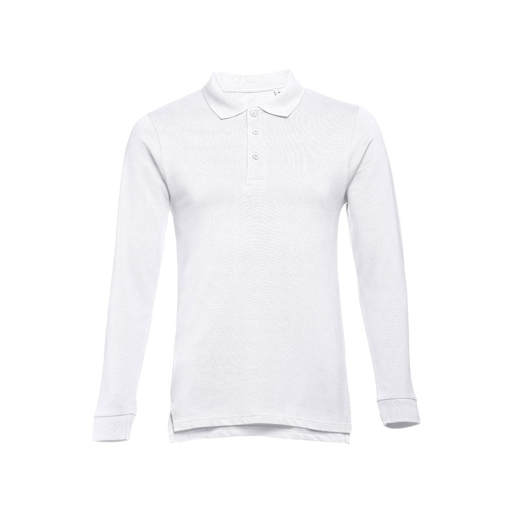 THC BERN WH II promotional polo shirt in white (detail view) with custom logo branding