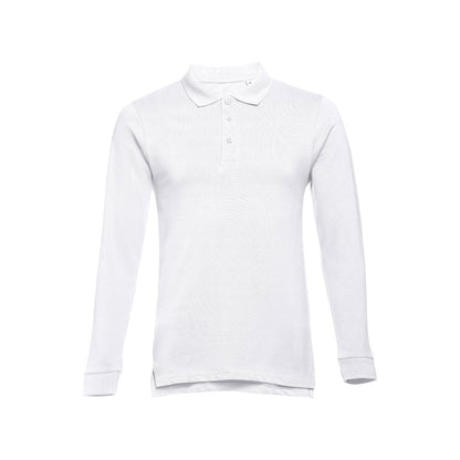 THC BERN WH II promotional polo shirt in white (detail view) with custom logo branding