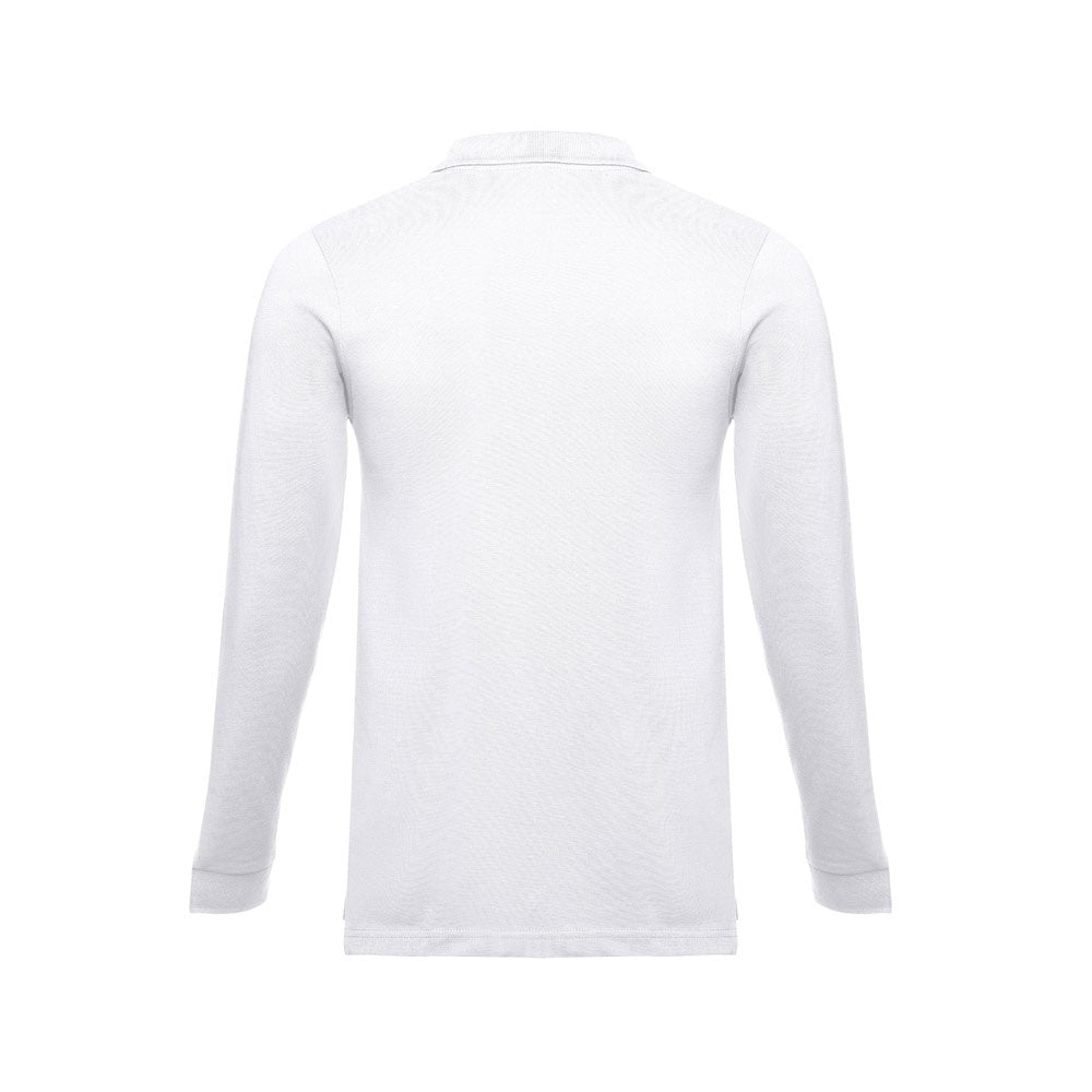 THC BERN WH II promotional polo shirt in white (detail view) with custom logo branding