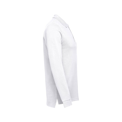 THC BERN WH II promotional polo shirt in white (detail view) with custom logo branding
