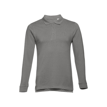 THC BERN II promotional polo shirt in grey (detail view) with custom logo branding