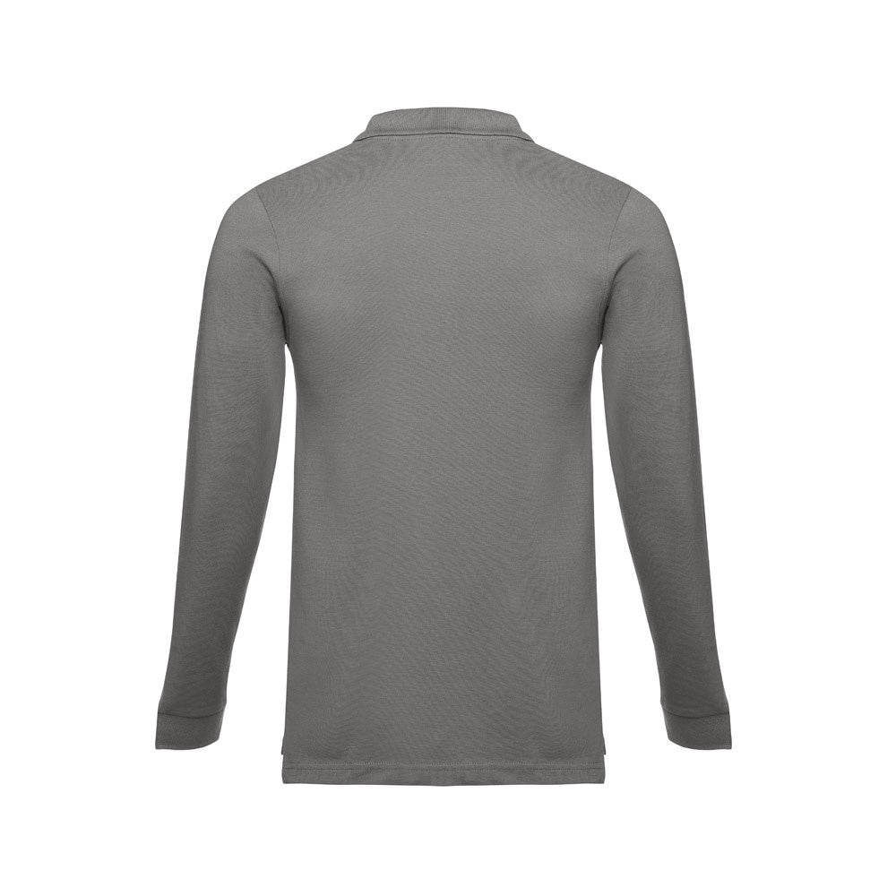 THC BERN II promotional polo shirt in grey (detail view) with custom logo branding