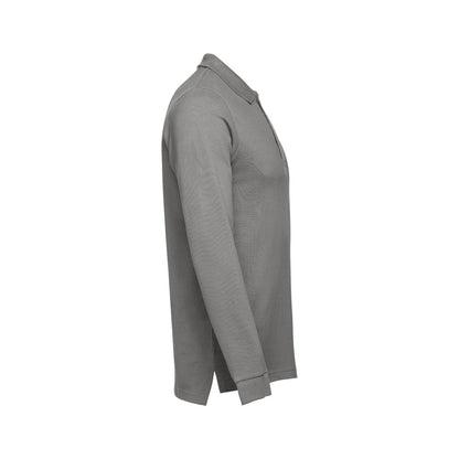 THC BERN II promotional polo shirt in grey (detail view) with custom logo branding