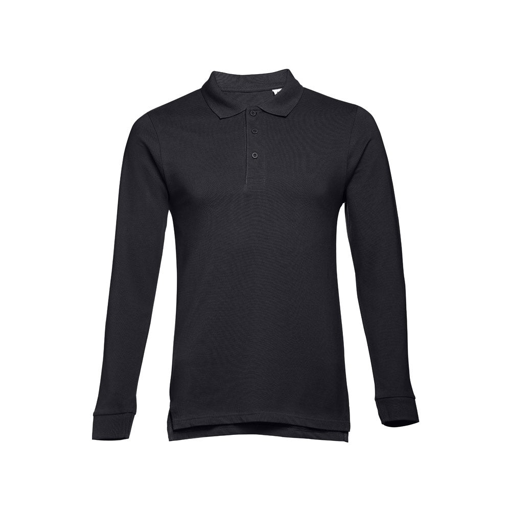 THC BERN II promotional polo shirt in eclipse blue (detail view) with custom logo branding
